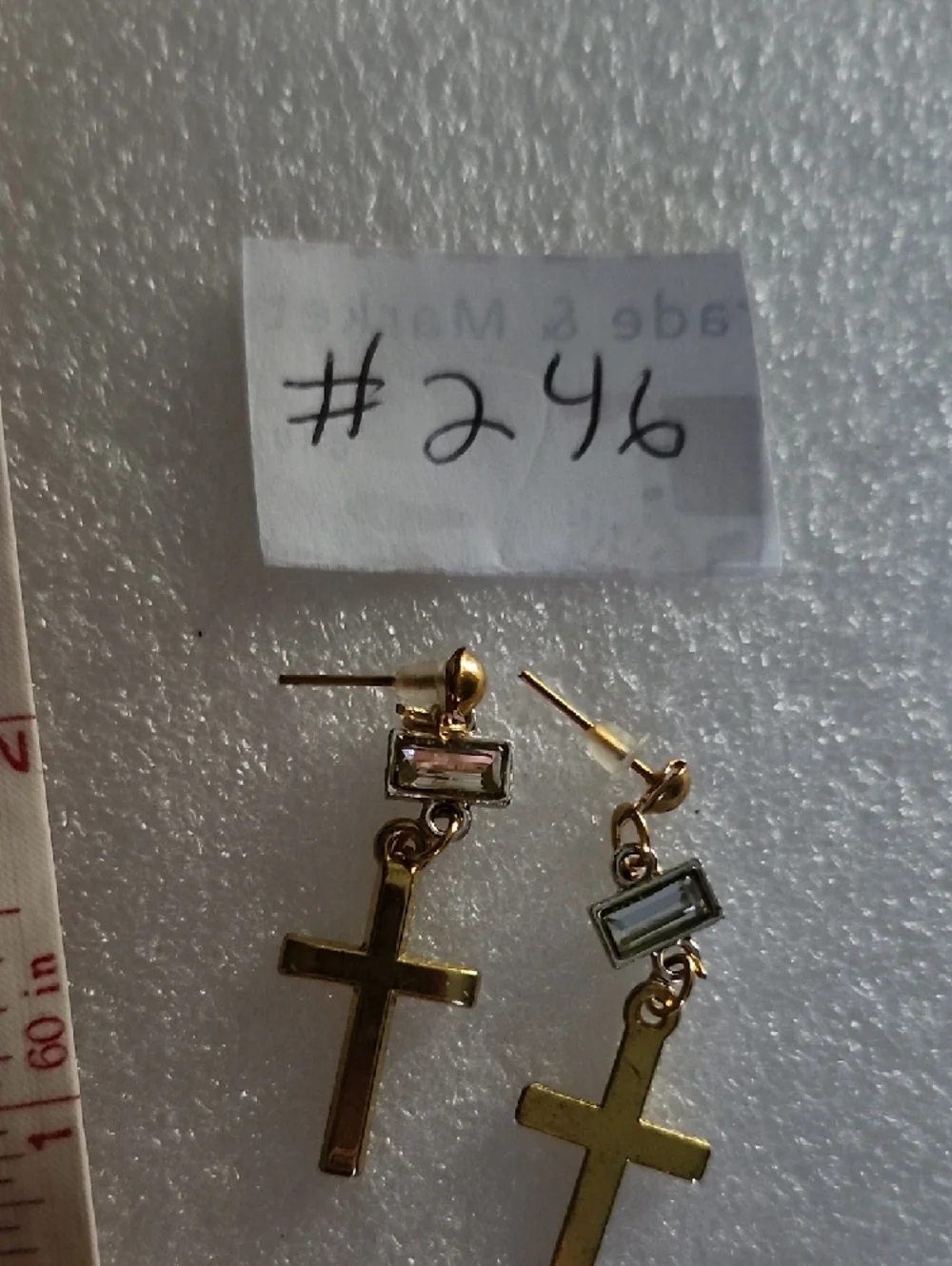 Hand Crafted Gold Cross Drop Earrings with Clear Stone